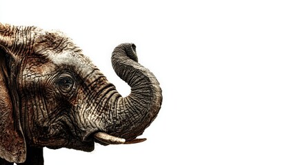 Close up profile portrait of an African elephant with its trunk raised against a pure white background