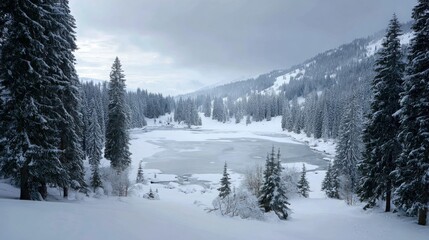 winter mindfulness scene A serene snow-covered landscape with a frozen lake surrounded by pine trees under a cloudy sky.