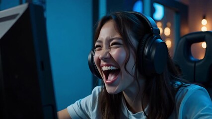 Tech-Savvy Gamer Victory A female gamer, immersed in the game, celebrates a hard-won victory with authentic emotion. 4k video footage for projects.