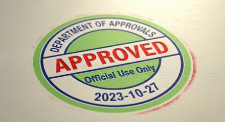 Macro shot of a vibrant green and red approved stamp for official document validation