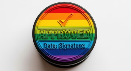 Rainbow hued approved stamp symbolizing inclusivity and acceptance in business practices