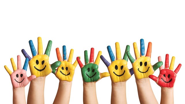 Childrens hands painted with smiley faces and colorful crayons