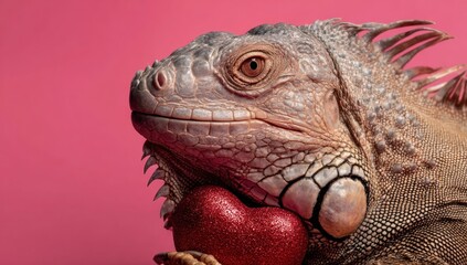 A close-up of a reptile with a red heart against a pink background, focused on its face