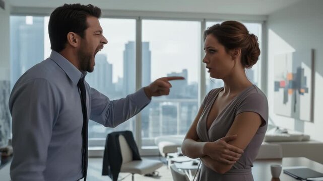 Conflict escalates in office as emotions flare between two colleagues during a heated discussion in a city skyline setting