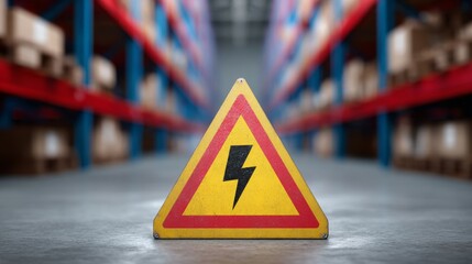 Yellow warning sign about energy storage batteries risk of explosion in warehouse. Sign has triangle shape with exclamation mark, red explosion symbol. Warehouse has blue, red shelves with gray floor.