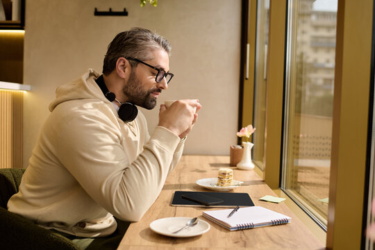 Mature man enjoying coffee while contemplating ideas in a stylish cafe setting - Powered by Adobe