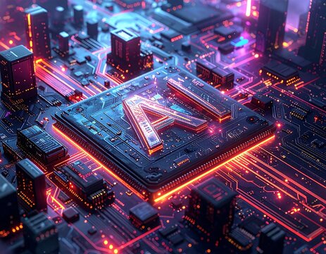 Futuristic digital artwork showcasing a glowing AI chip over a circuit board cityscape