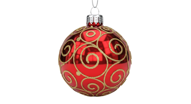 Shiny red oval christmas ornament with gold swirling pattern isolated on transparent background