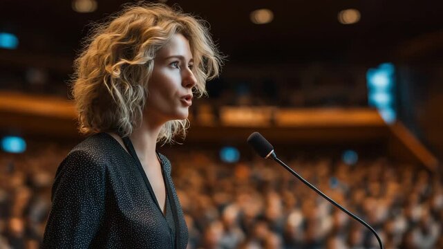 A lady is presenting at a conference.