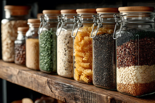 Organized Pantry Shelf with Assorted Dry Foods in Glass Jars for Sustainable Kitchen Storage