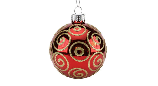 A single red christmas ornament with gold swirling patterns and glitter accents hanging isolated on transparent background