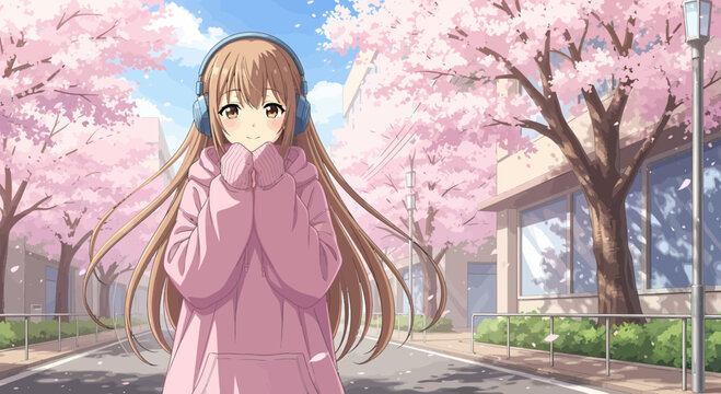 Anime Girl Enjoying Springtime With Sakura In A Cityscape