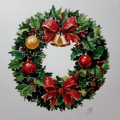Festive christmas wreath with red bows and ornaments
