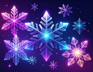 Glowing geometric snowflakes in vibrant hues floating against a starry dark background
