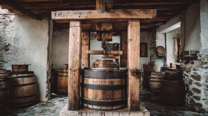 Vintage Wine Press in Rustic Winery Showcasing the Charm of Traditional Winemaking Techniques