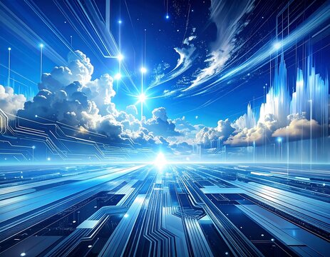 Futuristic digital landscape merging sky and circuit board patterns with light effects
