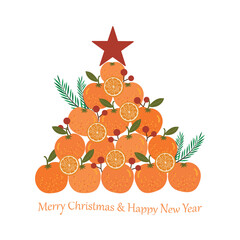 A stylized Christmas tree made of oranges, decorated with berries and orange slices.
