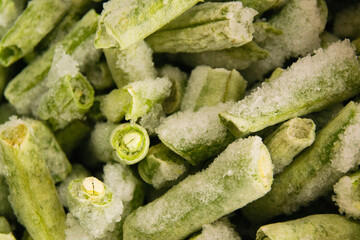Frozen asparagus beans close-up. Food preparation and storage concept