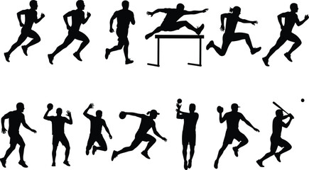 Silhouette athletes in dynamic sports poses including running, jumping, throwing, and team games for 