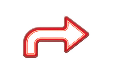 Red neon turn right arrow sign pointing direction, glossy glowing forward indicator icon on transparent background