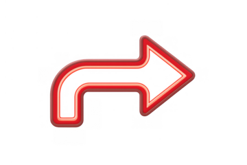 Red neon turn right arrow sign pointing direction, glossy glowing forward indicator icon on transparent background