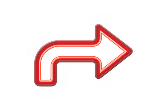 Red neon turn right arrow sign pointing direction, glossy glowing forward indicator icon on transparent background