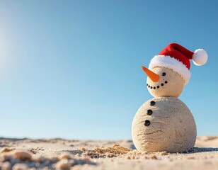 Celebrate the unexpected with a charming sandy snowman gracing a sun-drenched beach, bringing warm holiday cheer to a delightful coastal escape