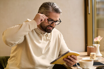 Mature man enjoying a relaxing afternoon with a notebook and coffee in a cozy cafe