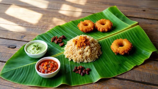 Pongal festival breakfast on banana leaf with tamarind rice, medu vada, coconut chutney, tomato chutney, traditional South Indian food on rustic wooden table