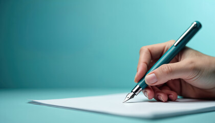Woman hand writes with classic fountain pen on blank paper sheet. Person signs document contract or important agreement with ink tool. Author pens letter or learns calligraphy handwritten on desk.