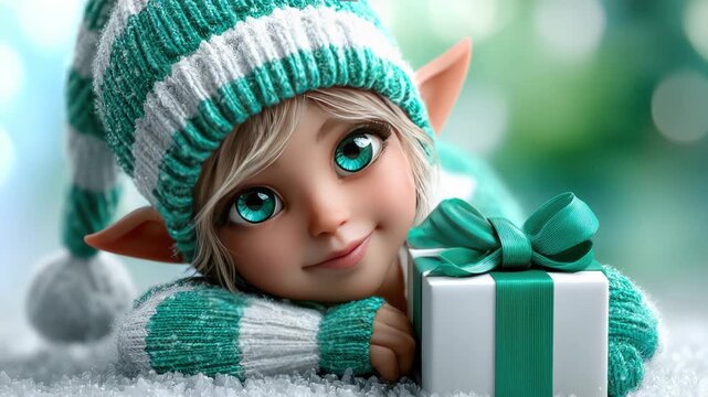 Adorable little christmas elf with big turquoise eyes and pointy ears, holding a present wrapped with a green ribbon while laying in the snow, smiling sweetly with a magical, festive atmosphere