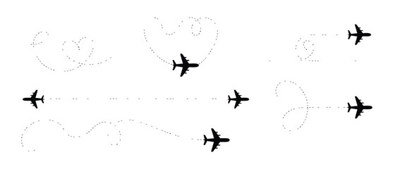 Airplane route vector set with dotted flight paths including curved, twisted, straight, and heart-shaped dashed lines — perfect for travel graphics, maps, dashboards, and aviation-themed designs.