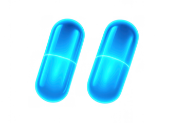 Blue transparent medical capsules representing health, medicine, science, and modern pharmaceutical technology, on transparent background