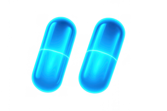 Blue transparent medical capsules representing health, medicine, science, and modern pharmaceutical technology, on transparent background