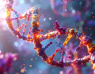 Glowing helix structure illuminated by lights, with abstract bokeh effects