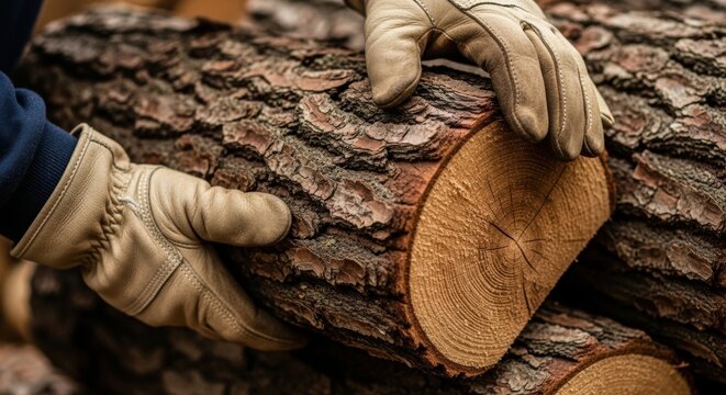 Close-up on a logger's gloved hands and forearm, gripping a log during the splitting process
