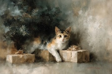 Naklejka premium oil painting of a cat under the christmas tree