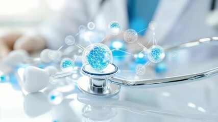 In this futuristic medical concept, an animated blue globe and molecular structure float above a stethoscope and tooth model resting on a sleek desk in a cutting edge doctor's office - Powered by Adobe