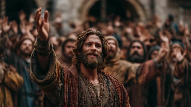 During biblical times, a man dressed in ancient garments preached to a throng and received a collective response in the form of raised hands.
