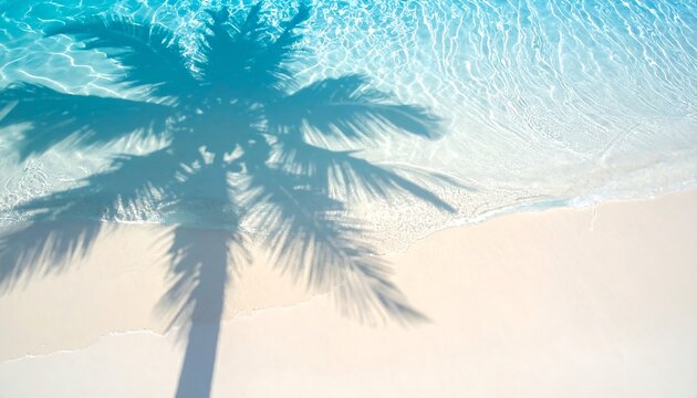 Palm tree shadow over sandy beach and turquoise water