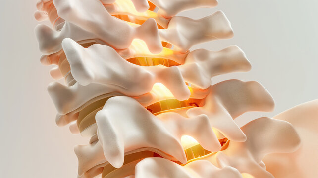 Realistic 3D render of spinal disc herniation, bulging disc pressing on nerve root, clean anatomical modeling,