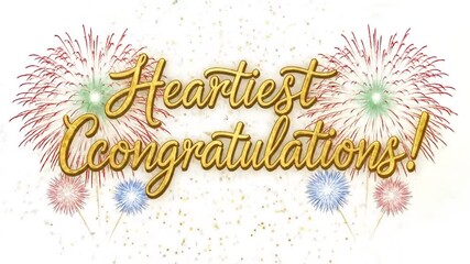 Animated congratulatory message with golden text and colorful fireworks display celebration
