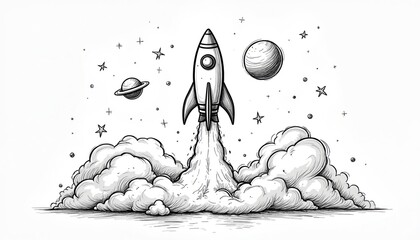Fototapeta premium Black and white illustration of a rocket taking off into space with smoke clouds. Rocket is surrounded by stars and planets in the cosmos. Simple line art design.