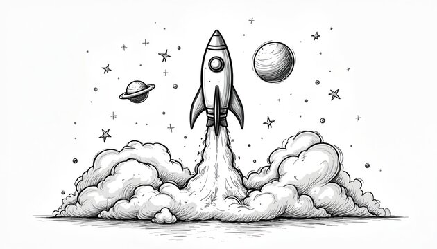 Black and white illustration of a rocket taking off into space with smoke clouds. Rocket is surrounded by stars and planets in the cosmos. Simple line art design.