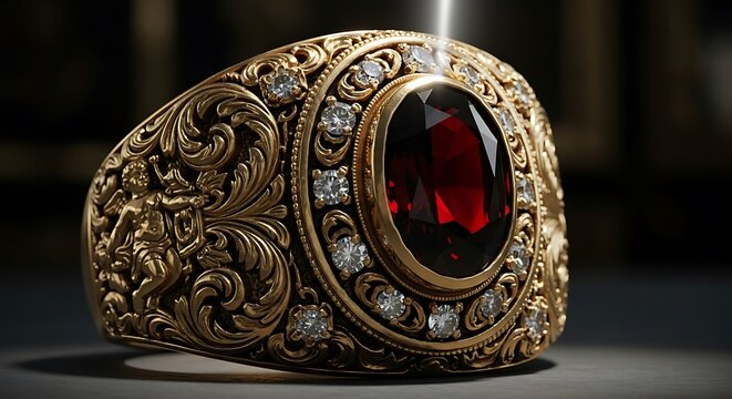 Luxurious handcrafted gold ring with a deep red garnet and surrounding diamonds.