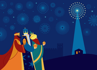 Three Wise Men bringing gifts to Jesus. Los Reyes Magos.