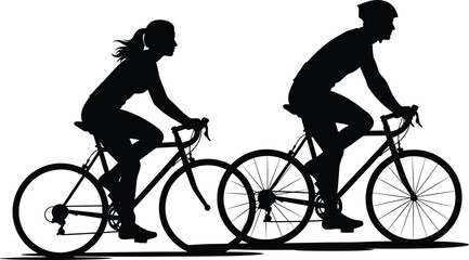 Obraz premium Silhouette of cyclists riding road bikes in motion, showcasing outdoor activity, fitness, transportation, and sports lifestyle on white background.