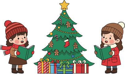 Cute cartoon girls singing Christmas carols standing by decorated tree with gift boxes, happy winter holiday vector illustration