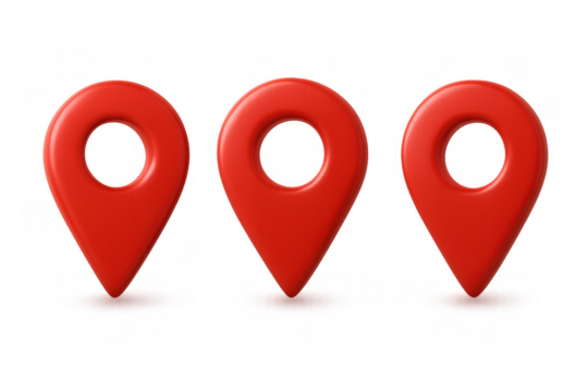 Red 3d location pin markers on transparent background showing gps navigation pointer destination - Powered by Adobe