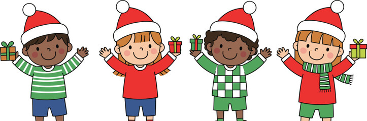 Happy diverse children holding Christmas gifts, wearing Santa hats, cute cartoon kids holiday celebration vector illustration